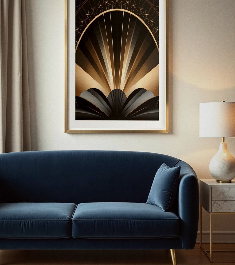 A finished room: Nikbin Design wall art above the sofa