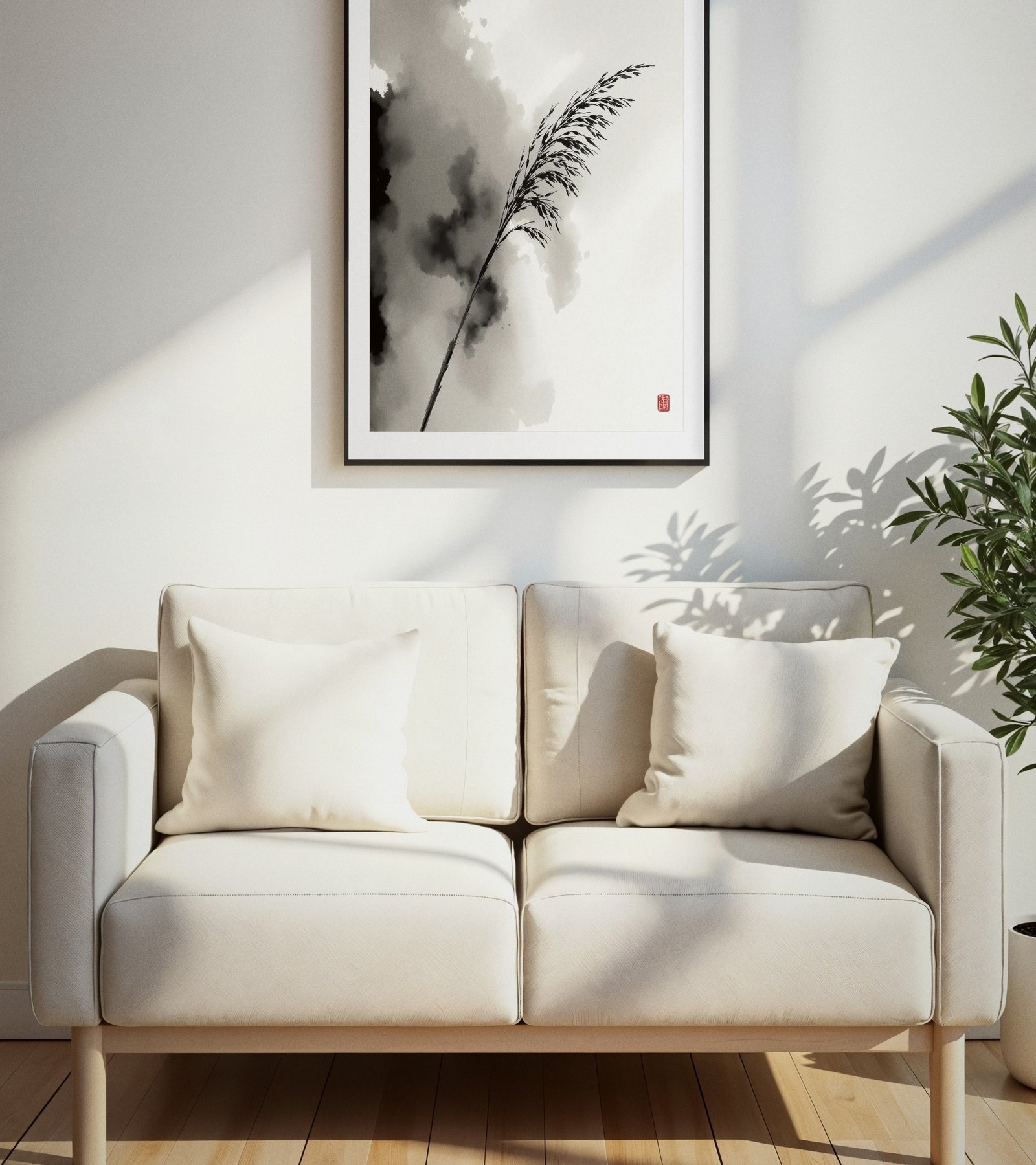 A finished room: Nikbin Design wall art above the sofa